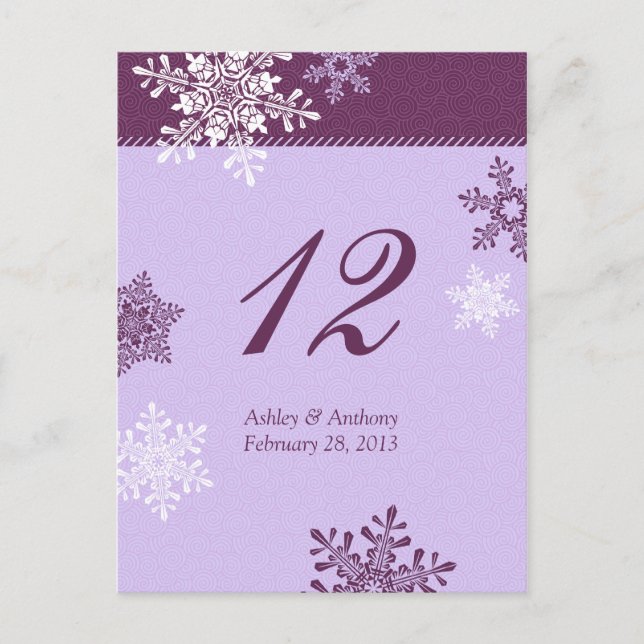 Purple Snowflake Winter Wedding Table Cards (Front)