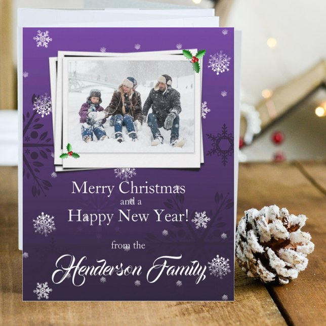 Purple Snowflakes Flat Holiday Photo Card (Purple Snowflakes Holiday Photo Card)