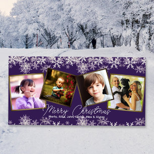 Purple Snowflakes Four Photos Family Christmas Holiday Card