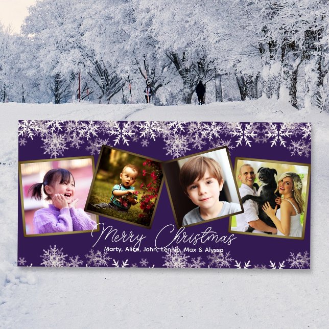 Purple Snowflakes Four Photos Family Christmas Holiday Card (Creator Uploaded)