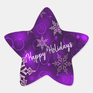 Purple Snowflakes Happy Holidays Star Sticker