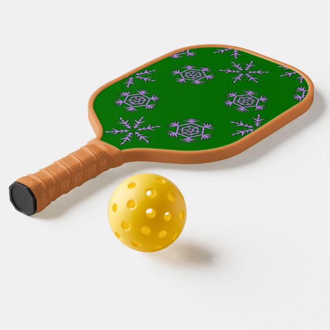 Purple snowflakes on green pickleball paddle (Laydown 2)