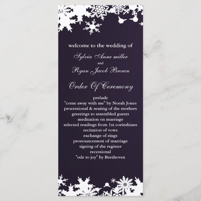 purple snowflakes winter wedding program programme (Front)