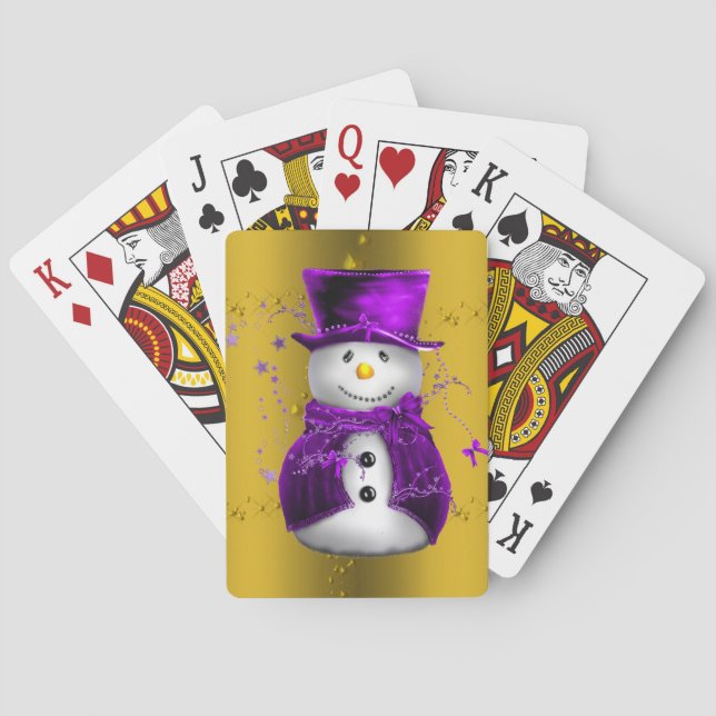 Purple Snowman on Gold Christmas Playing Cards (Back)