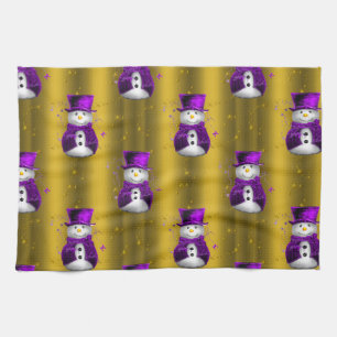 Purple Snowman on Gold Christmas Tea Towel