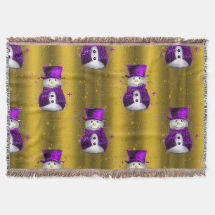 Purple Snowman on Gold Christmas Throw Blanket
