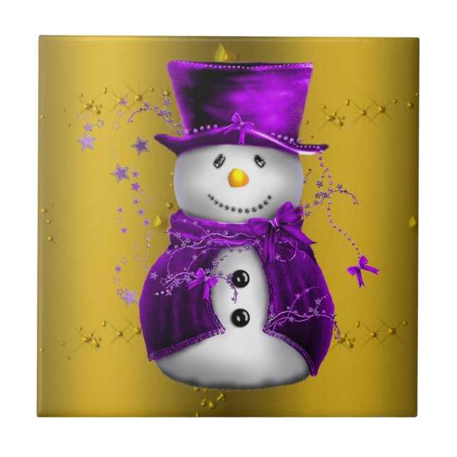 Purple Snowman on Gold Christmas Tile (Front)