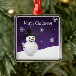 Purple Snowman Winter Scene Ceramic Ornament