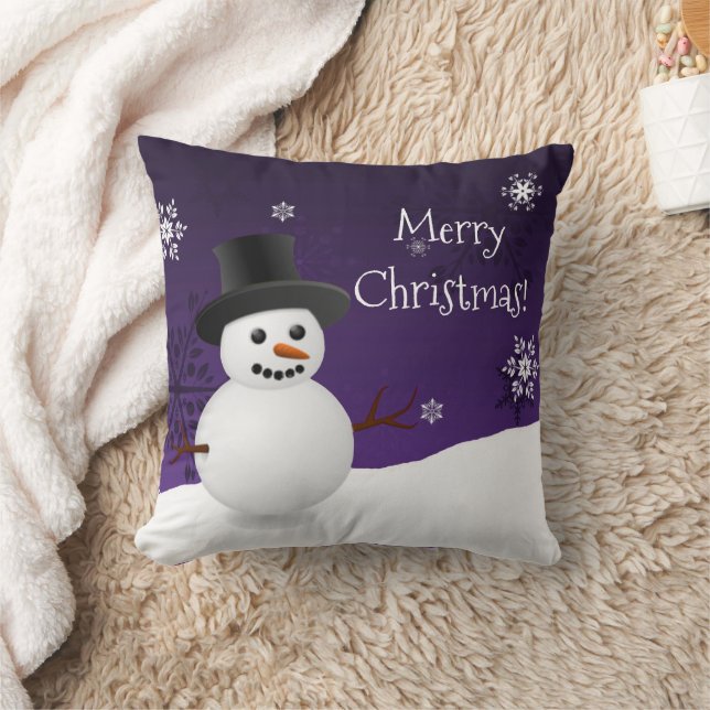 Purple Snowman Winter Scene Christmas Throw Pillow (Blanket)