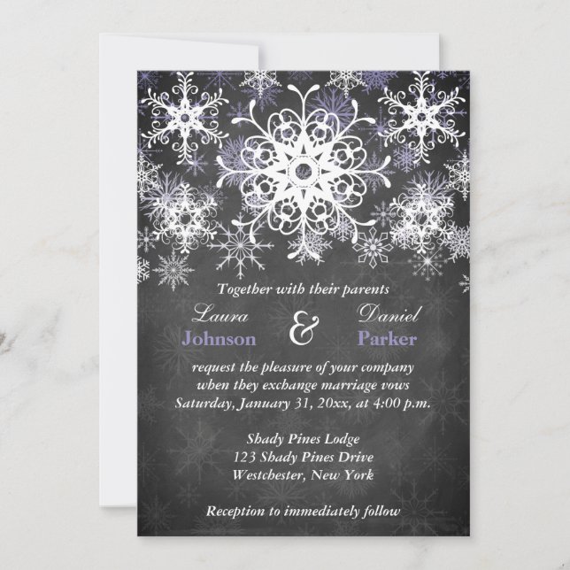 Purple Snowy Chalkboard Style Wedding Invitation (Front)