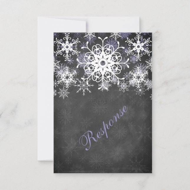 Purple Snowy Chalkboard Style Wedding RSVP Card (Front)