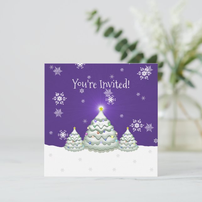 Purple Snowy Christmas Tree Invitation (Standing Front)