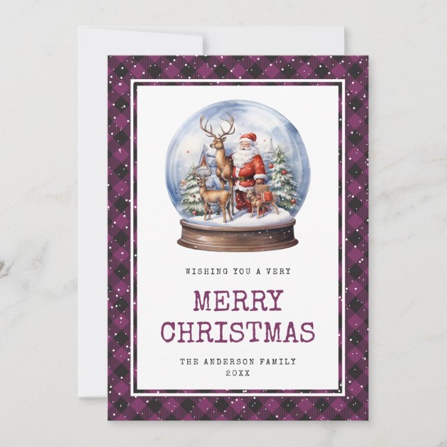 Purple Snowy Merry Christmas Santa Holiday Card (Front)