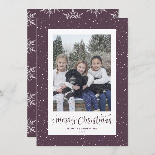 Purple Snowy Snowflake Photo Merry Christmas Cards (Front/Back)