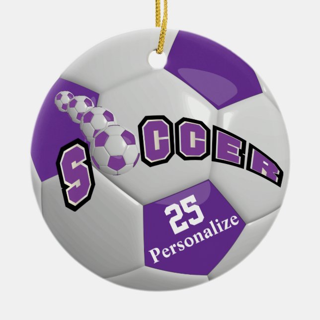Purple Soccer Ball | Personalise Ceramic Tree Decoration (Front)