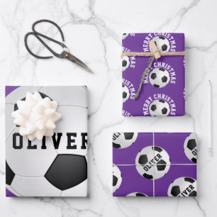 Purple Soccer Football Balls Kids Name Christmas Wrapping Paper Sheet