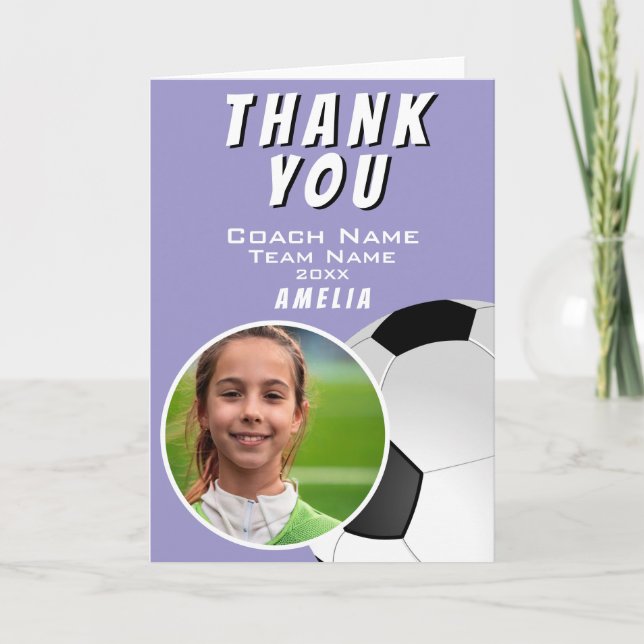 Purple Soccer Football Coach Ball Photo Thank You Card (Front)