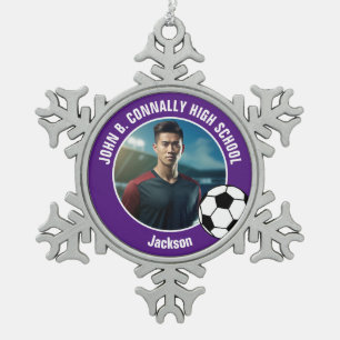 Purple Soccer Player Photo High School Spirit Snowflake Pewter Christmas Ornament