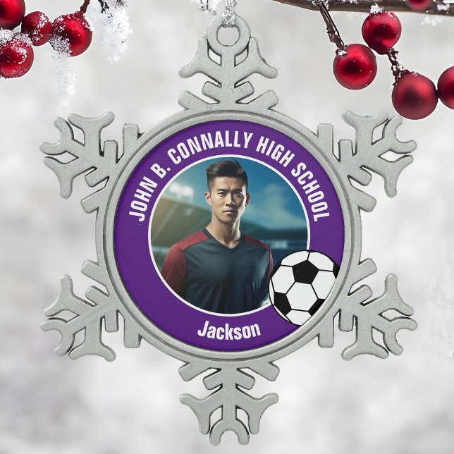 Purple Soccer Player Photo High School Spirit Snowflake Pewter Christmas Ornament (Creator Uploaded)