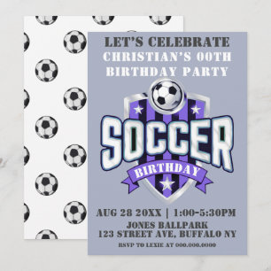 Purple Soccer Theme Birthday Party Invitations 