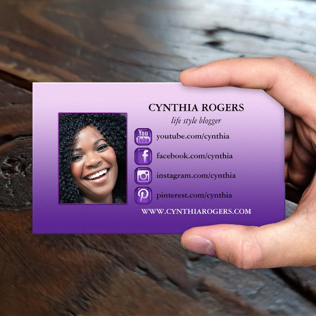 Purple Social Media Icons Photo Business Card (A modern business card showing your own photo framed by a purple design with social media icons)