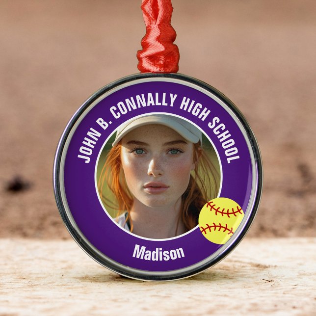 Purple Softball Player Photo High School Christmas Metal Tree Decoration (Creator Uploaded)