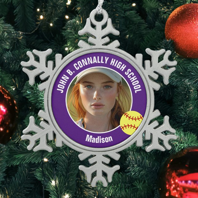 Purple Softball Player Photo High School Keepsake Snowflake Pewter Christmas Ornament (Creator Uploaded)