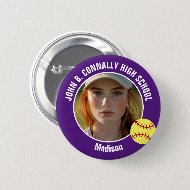 Purple Softball Player Photo High School Spirit 6 Cm Round Badge (Front & Back)