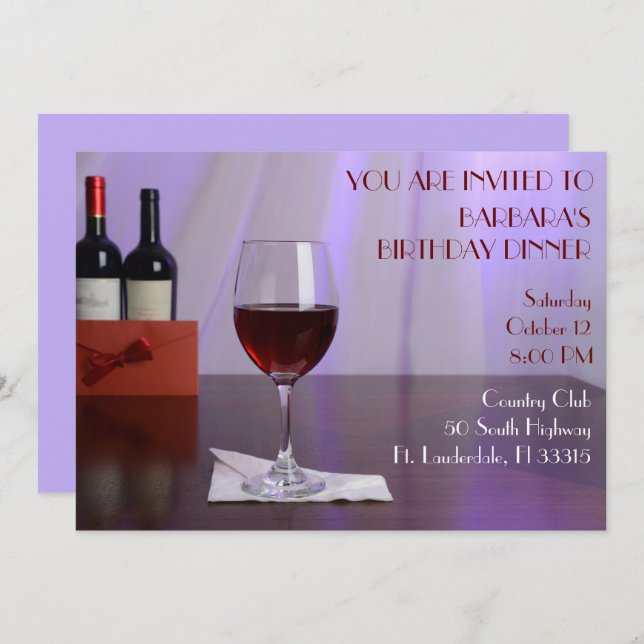 Purple Sophisticated Red wine birthday  party  Invitation (Front/Back)