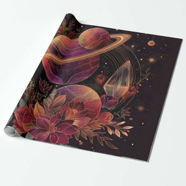 Purple Space Fantasy Crystal Ring Planet Wrapping Paper (Unrolled)