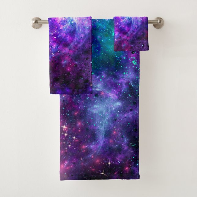 Purple Space Galaxy Cosmic Spacey Teal Pink Bath Towel Set (Insitu)