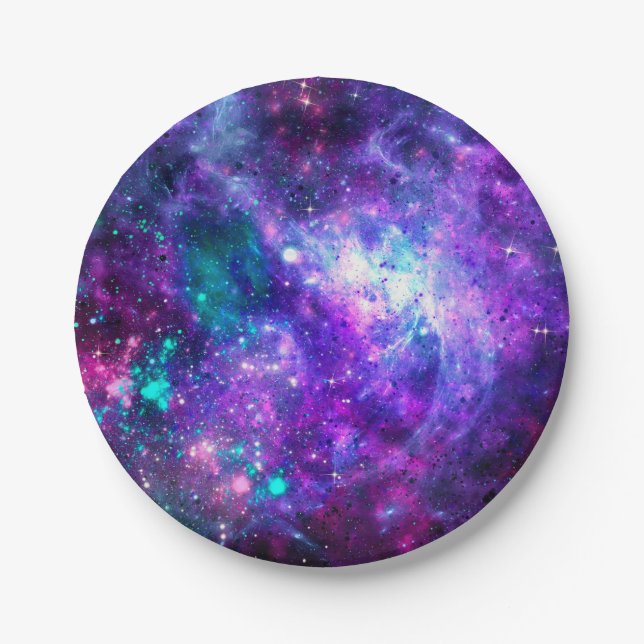 Purple Space Galaxy Cosmic Spacey Teal Pink Sky Paper Plate (Front)