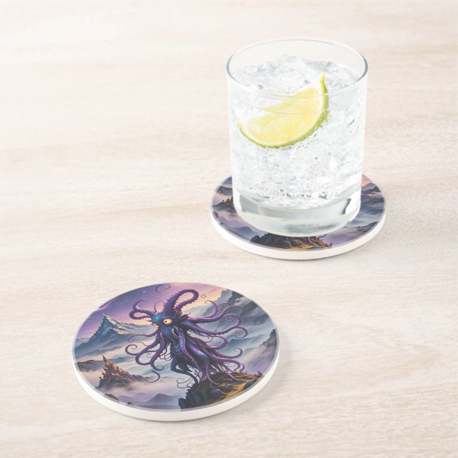 Purple Space Octopus Sandstone Coaster (Side)