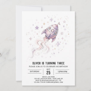 Purple Space Rocket Birthday Invitation