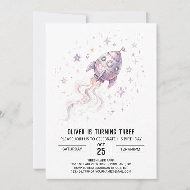 Purple Space Rocket Birthday Invitation (Front)