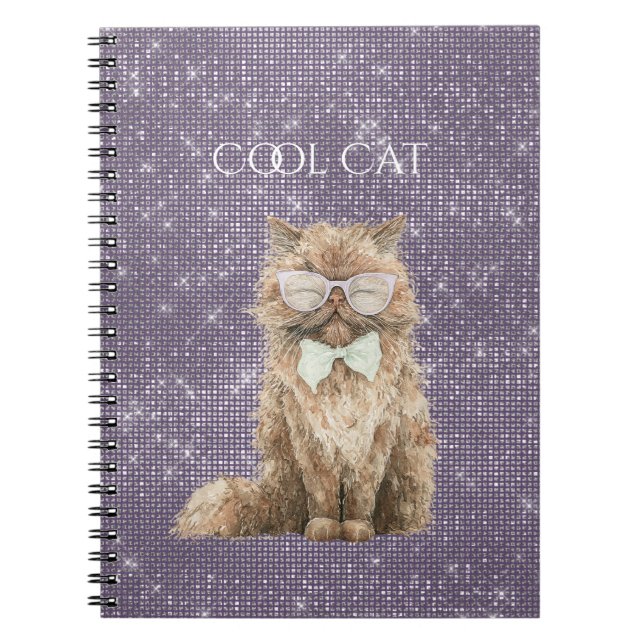 Purple Sparkle Brown Cool Cat Glasses   Notebook (Front)