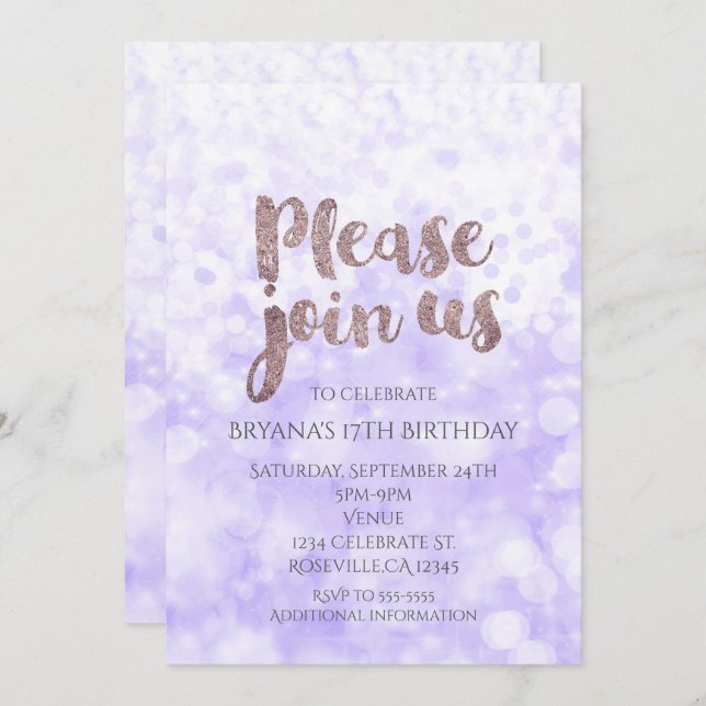 Purple Sparkle Glam Birthday Party Invitations (Front/Back)