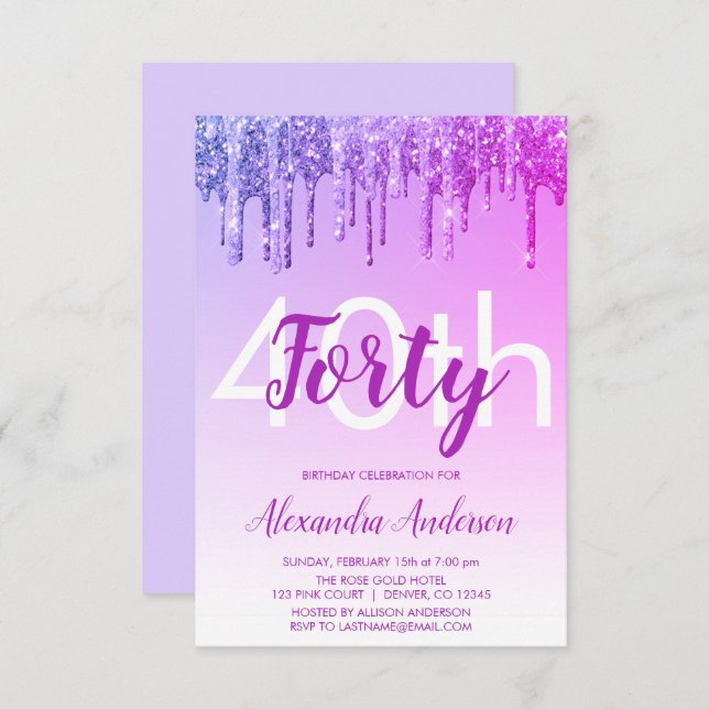 Purple Sparkle Glitter 40th Birthday Party Invitation (Front/Back)