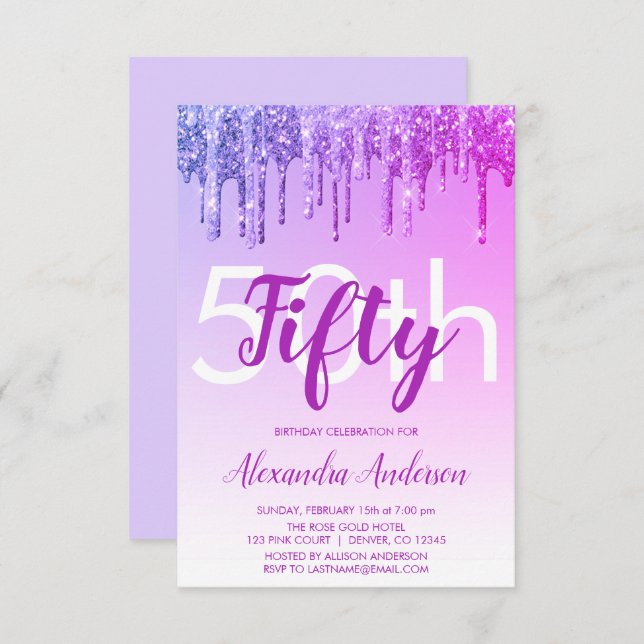 Purple Sparkle Glitter 50th Birthday Party Invitation (Front/Back)