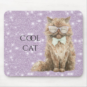 Purple Sparkle Glitter Brown Cool Cat Glasses   Mouse Pad