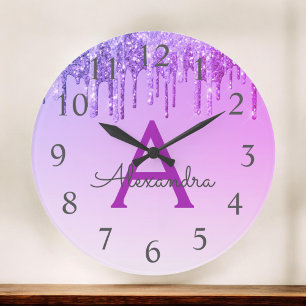 Purple Sparkle Glitter Monogram Name & Initial Large Clock