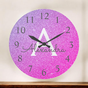 Purple Sparkle Glitter Monogram Name & Initial Large Clock