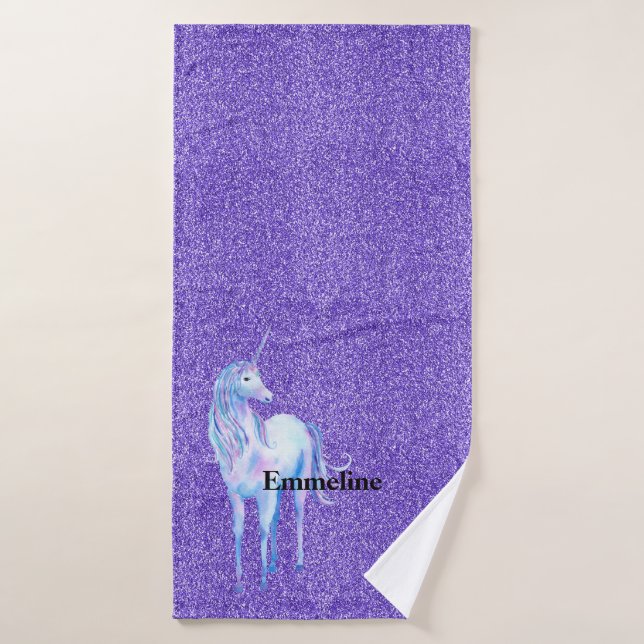 Purple Sparkle Glitter Unicorn Name    Bath Towel Set (Bath Towel)