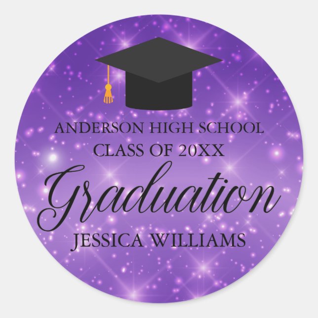 Purple Sparkle Graduate Custom Graduation Party Classic Round Sticker (Front)