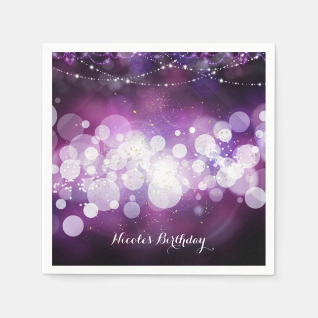 Purple Sparkle Lights Glam Birthday Party Napkin (Front)