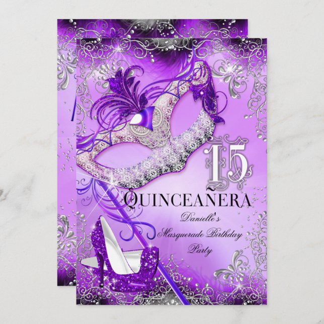 Purple Sparkle Masquerade Quinceanera Birthday Invitation (Front/Back)