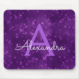 Purple Sparkle Modern Monogram Name Mousepad