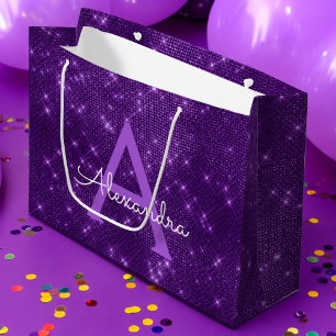 Purple Sparkle Monogram - Add Your Name Large Gift Bag