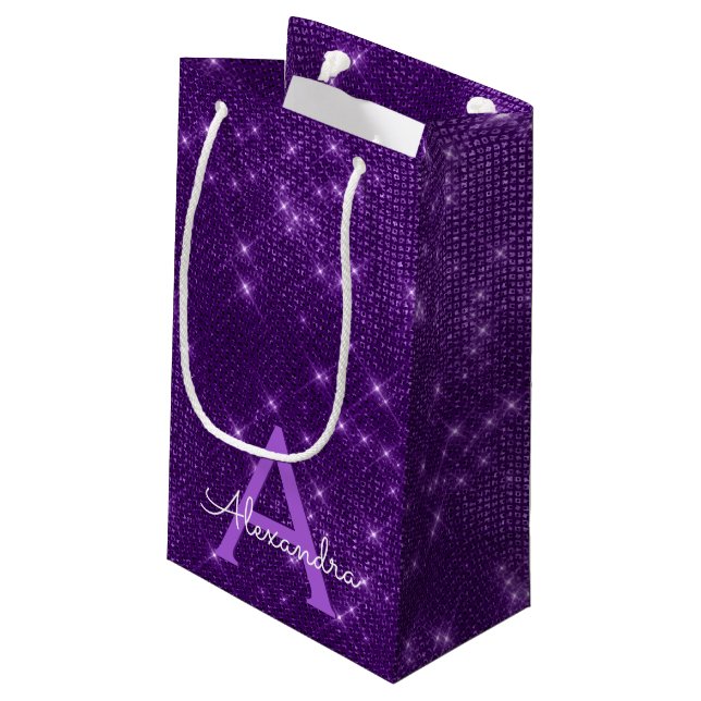 Purple Sparkle Monogram - Add Your Name Small Gift Bag (Back Angled)