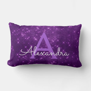Purple Sparkle Shimmer Monogram Name & Initial Lumbar Cushion